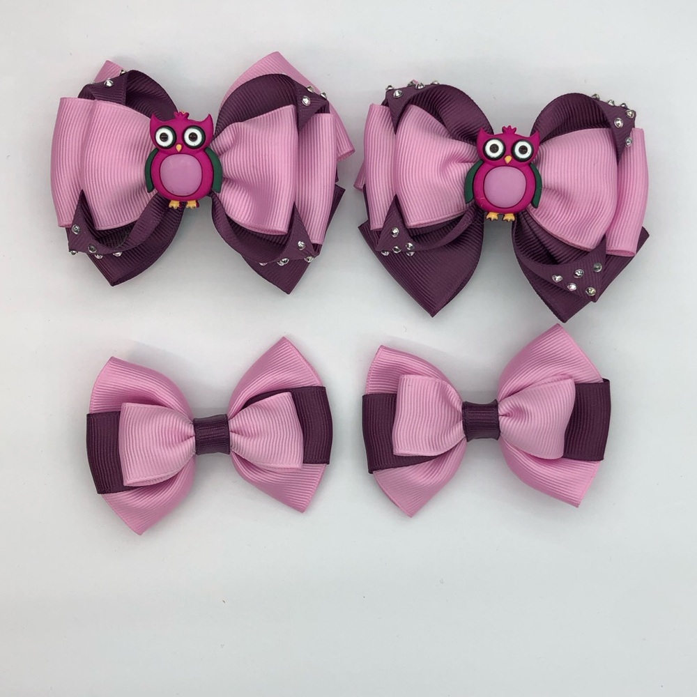 Kids Pink & Purple Owl Ribbon Hair Bows - Set of 4